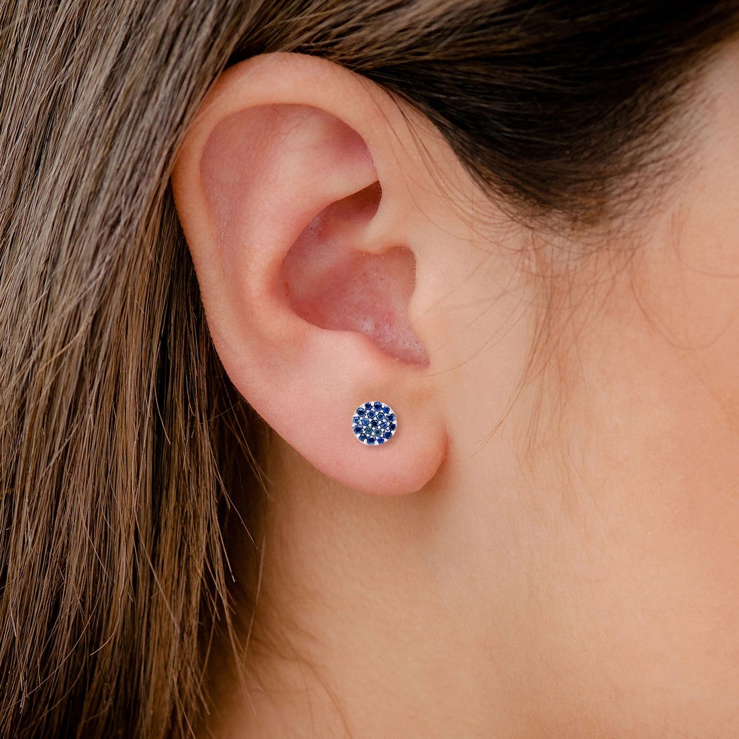 Round Sapphire Cluster Diamond Stud Earrings - in white gold (view 2 of 3)