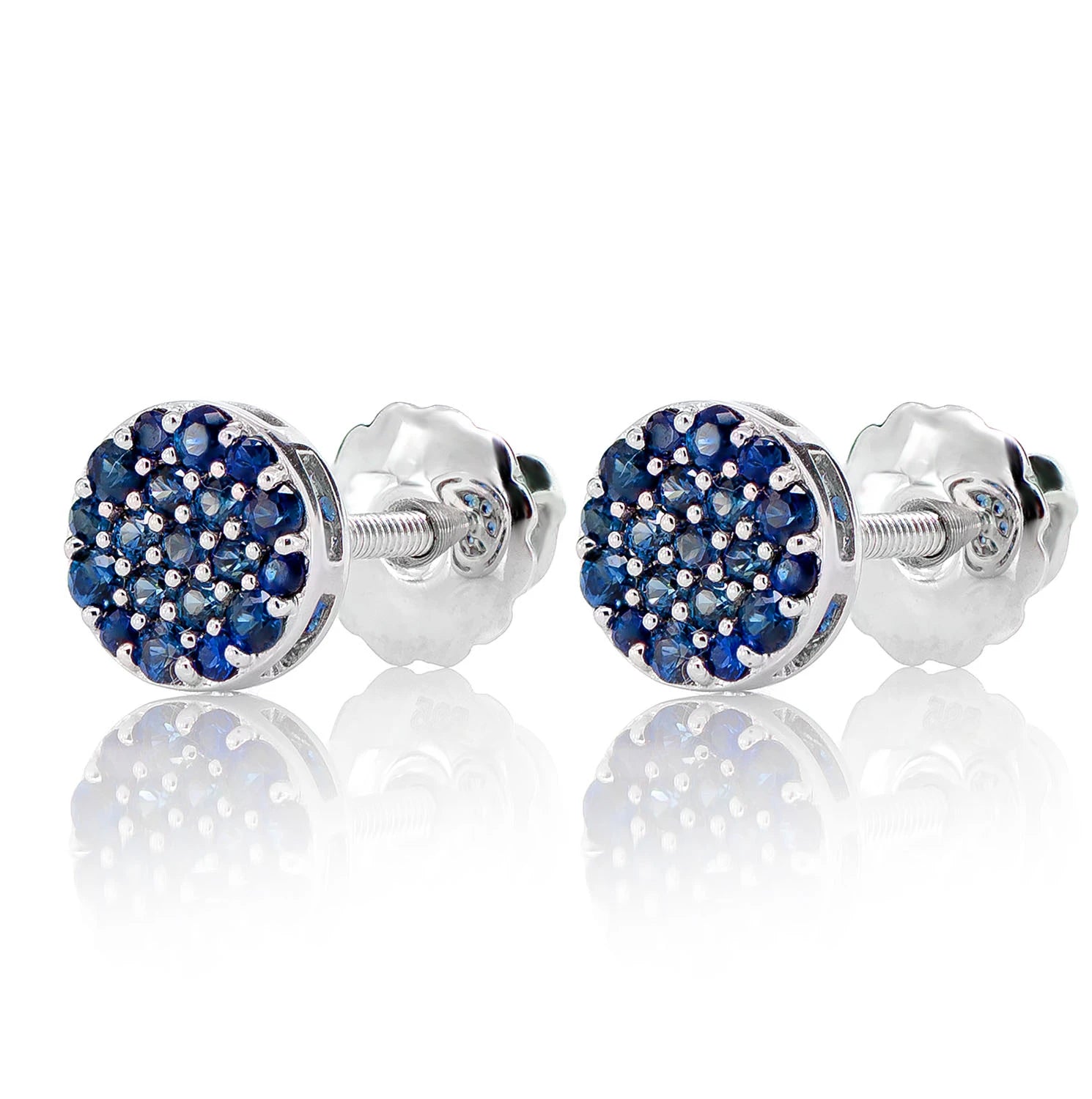 Round Sapphire Cluster Diamond Stud Earrings - in white gold (view 3 of 3)