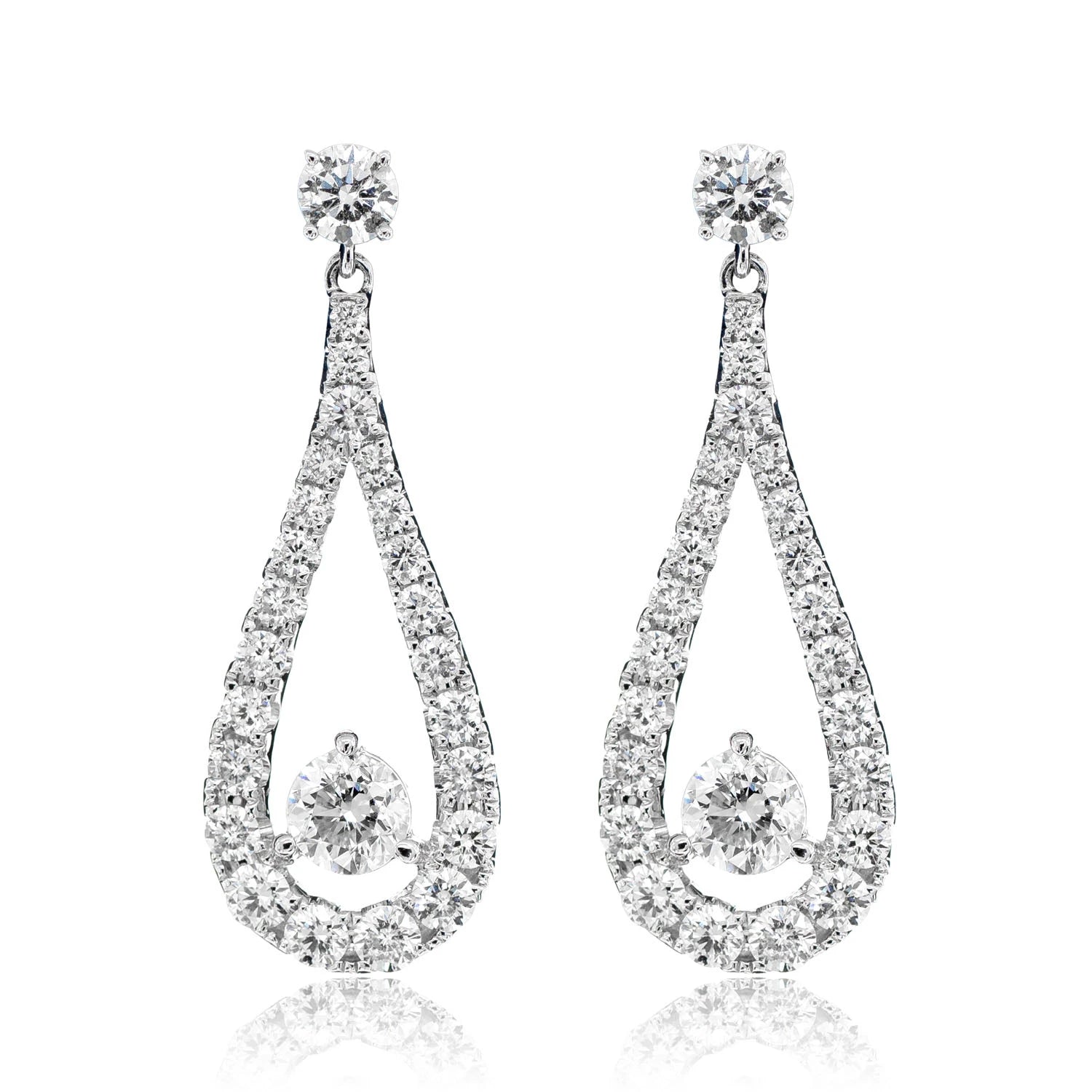 Round Solitaire Teardrop Dangle Diamond Earrings - in white gold