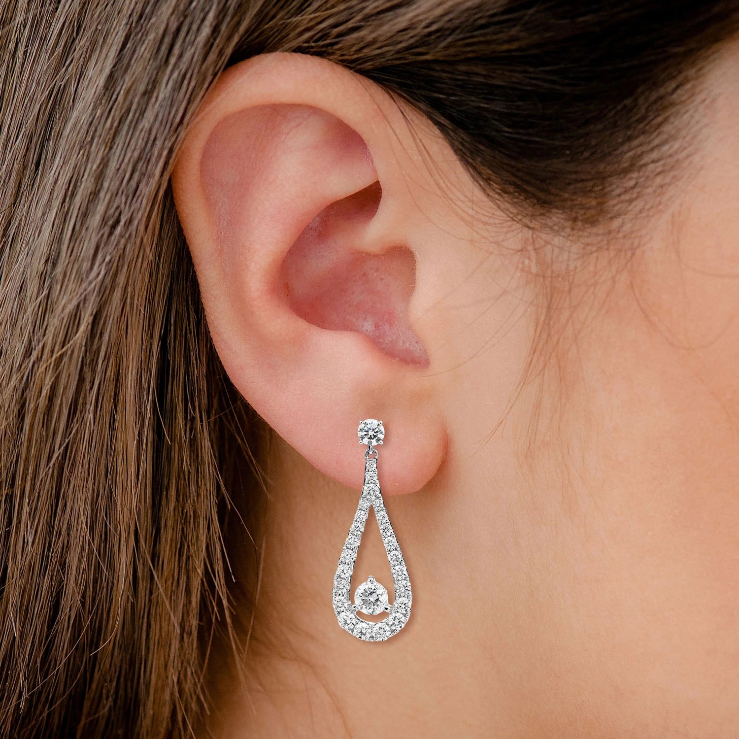 Round Solitaire Teardrop Dangle Diamond Earrings - in white gold (view 2 of 2)