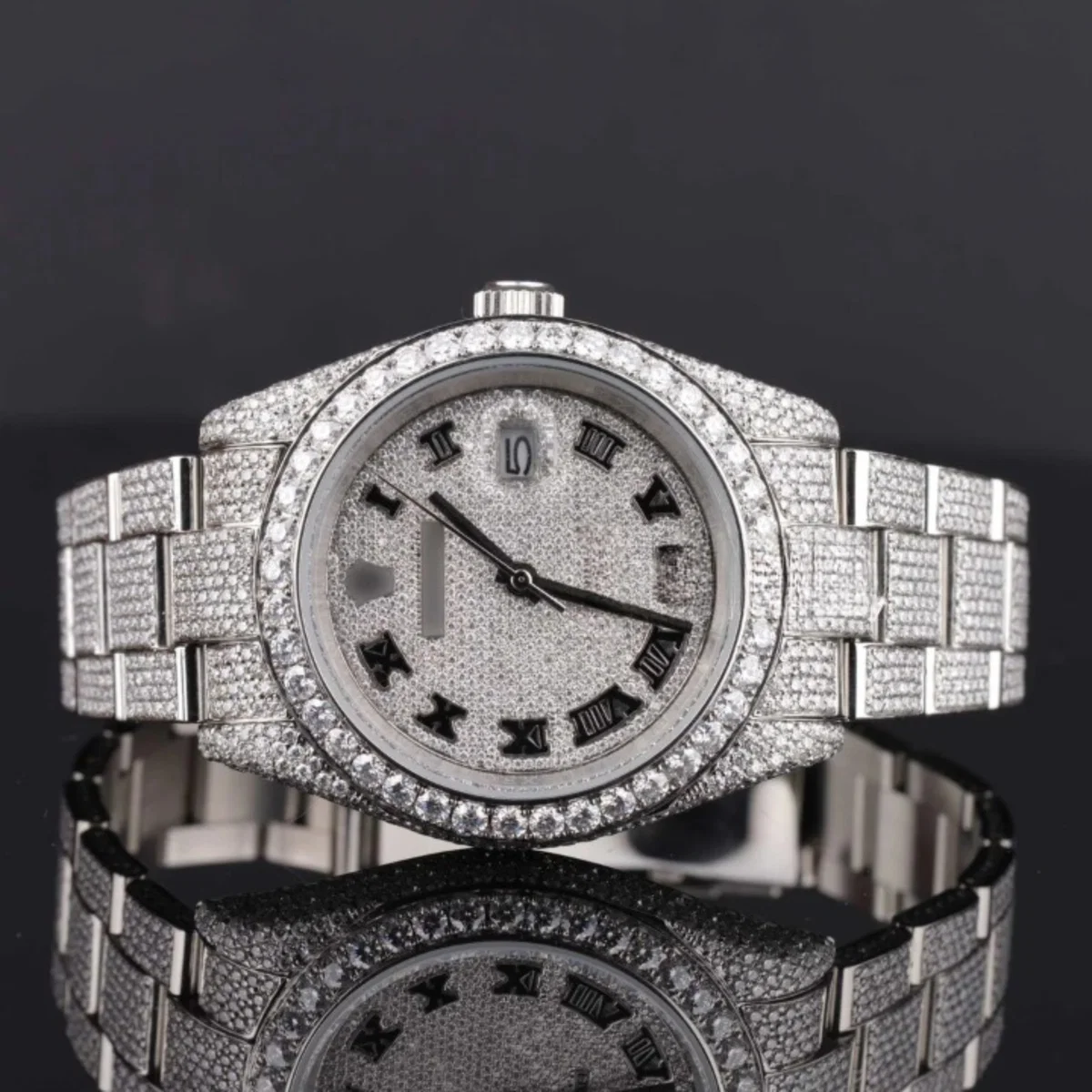 Full Iced Out Diamond Oyster Roman Dial Automatic Moissanite Watch