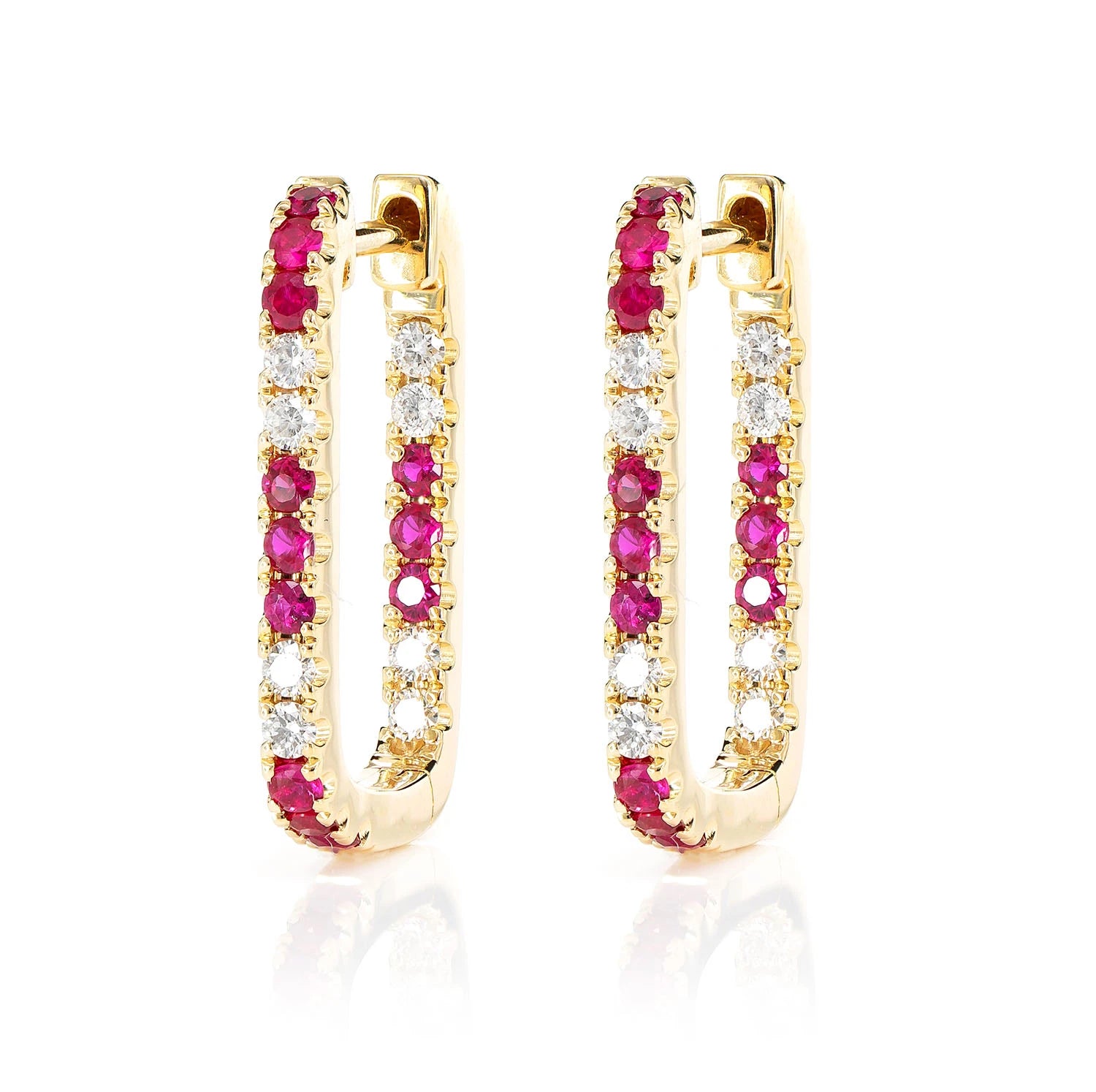 Ruby and Diamond Rectangle Huggie Hoop Earrings - in yellow gold