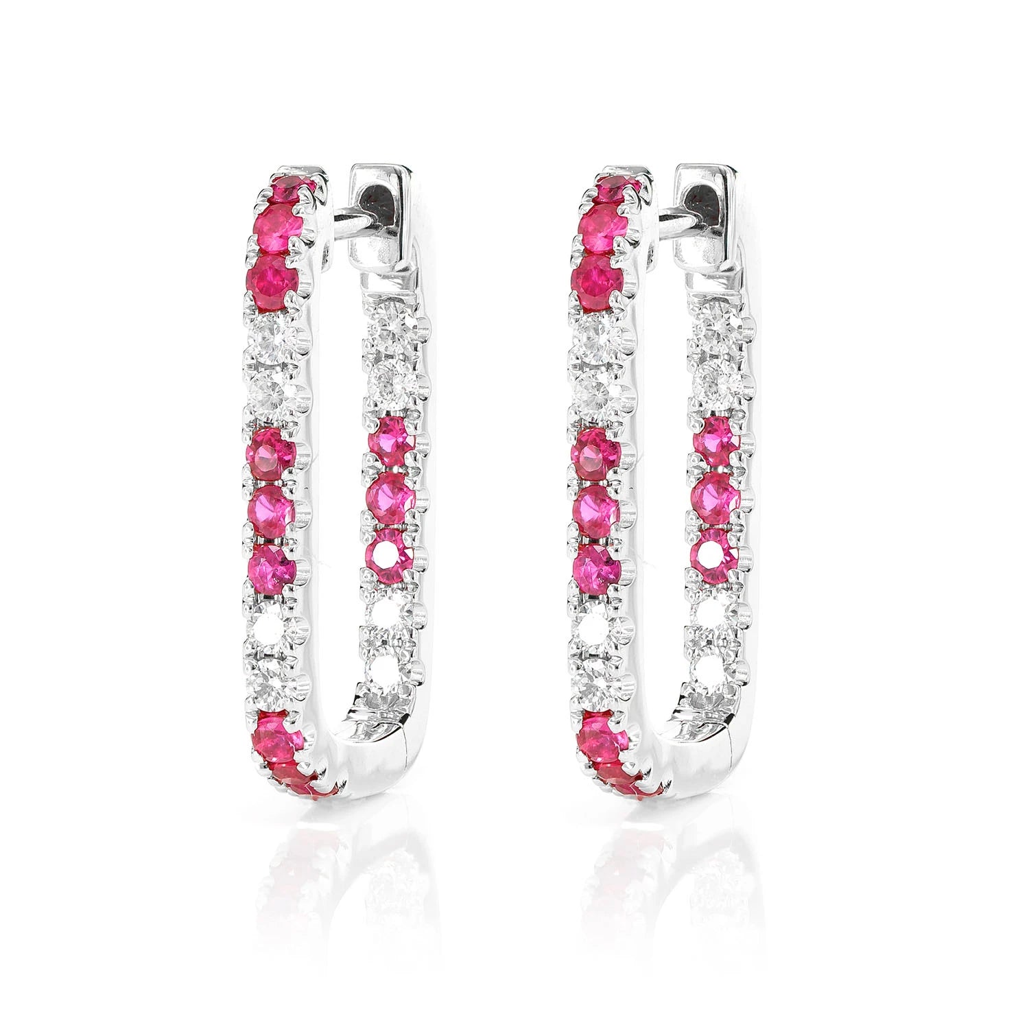 Ruby and Diamond Rectangle Huggie Hoop Earrings - in yellow gold (view 3 of 6)