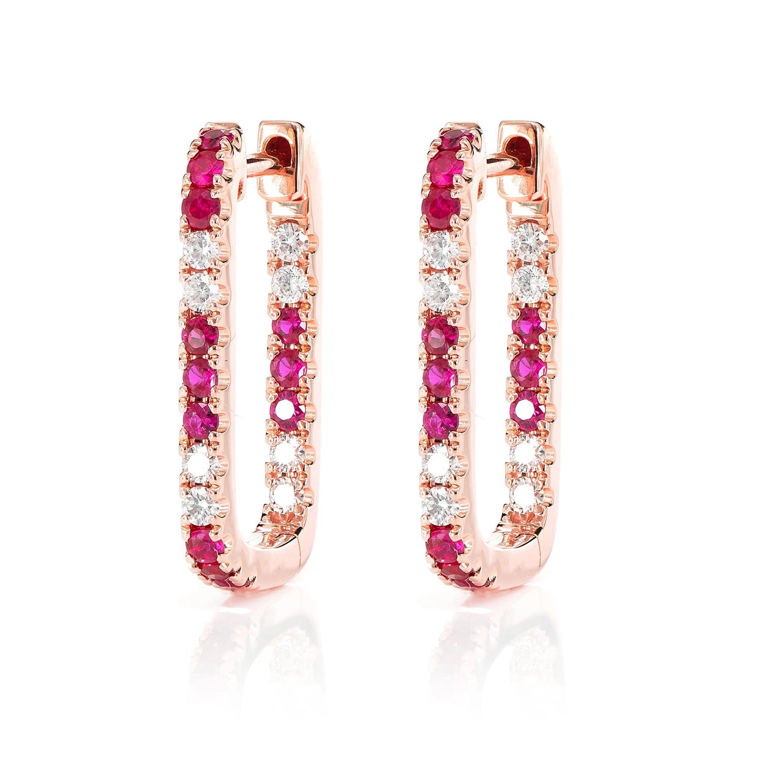 Ruby and Diamond Rectangle Huggie Hoop Earrings - in yellow gold (view 5 of 6)