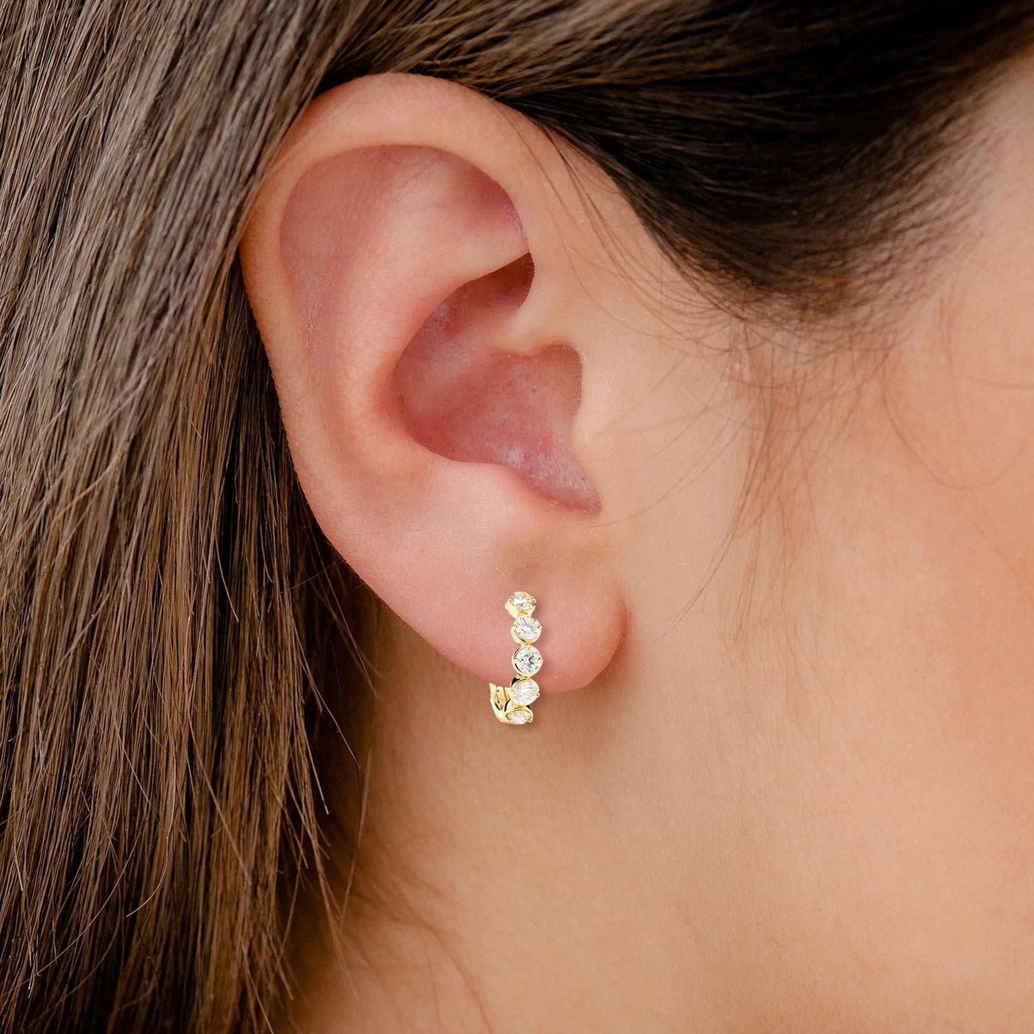 Semi Bezel Diamond Hoop Earrings - in yellow gold (view 2 of 6)