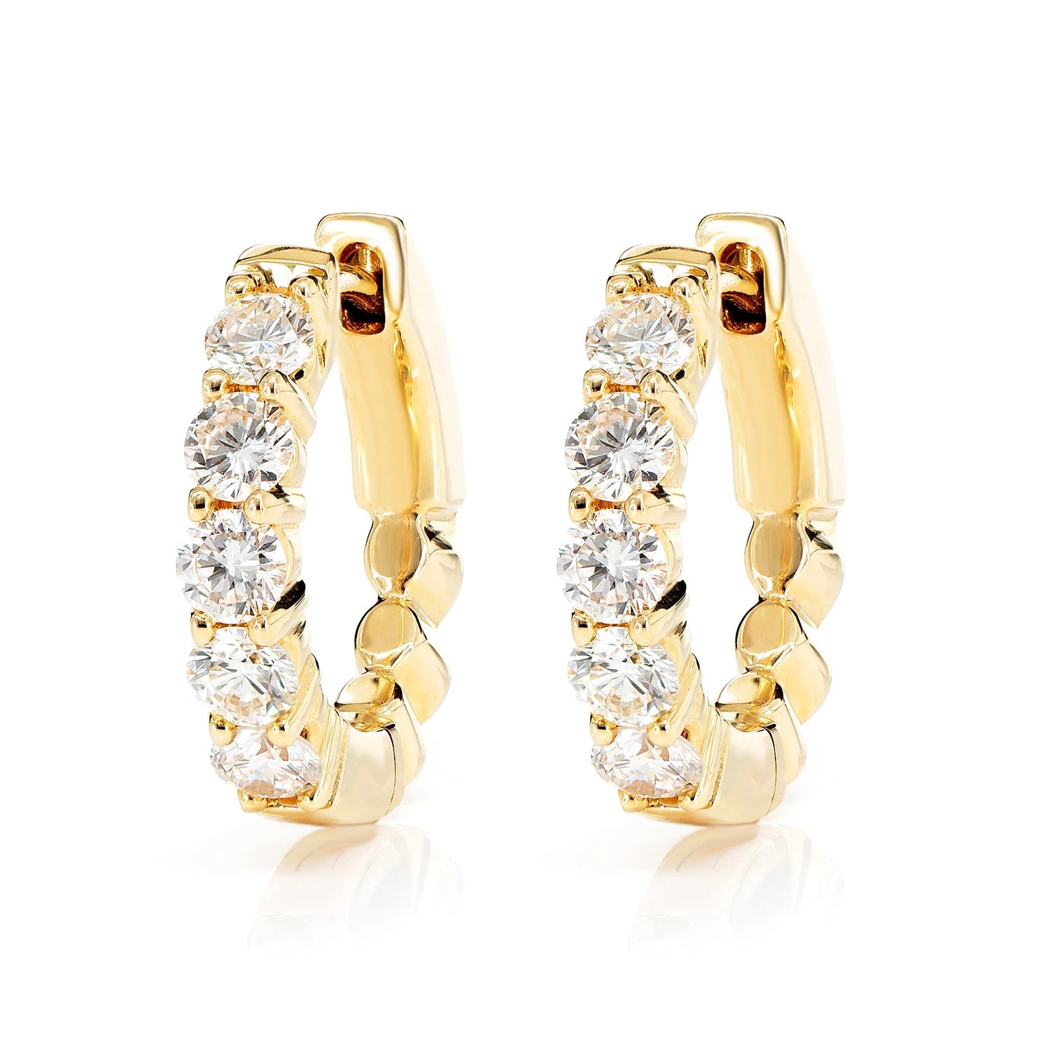 Shared Prong Diamond Hoop Earrings - in yellow gold