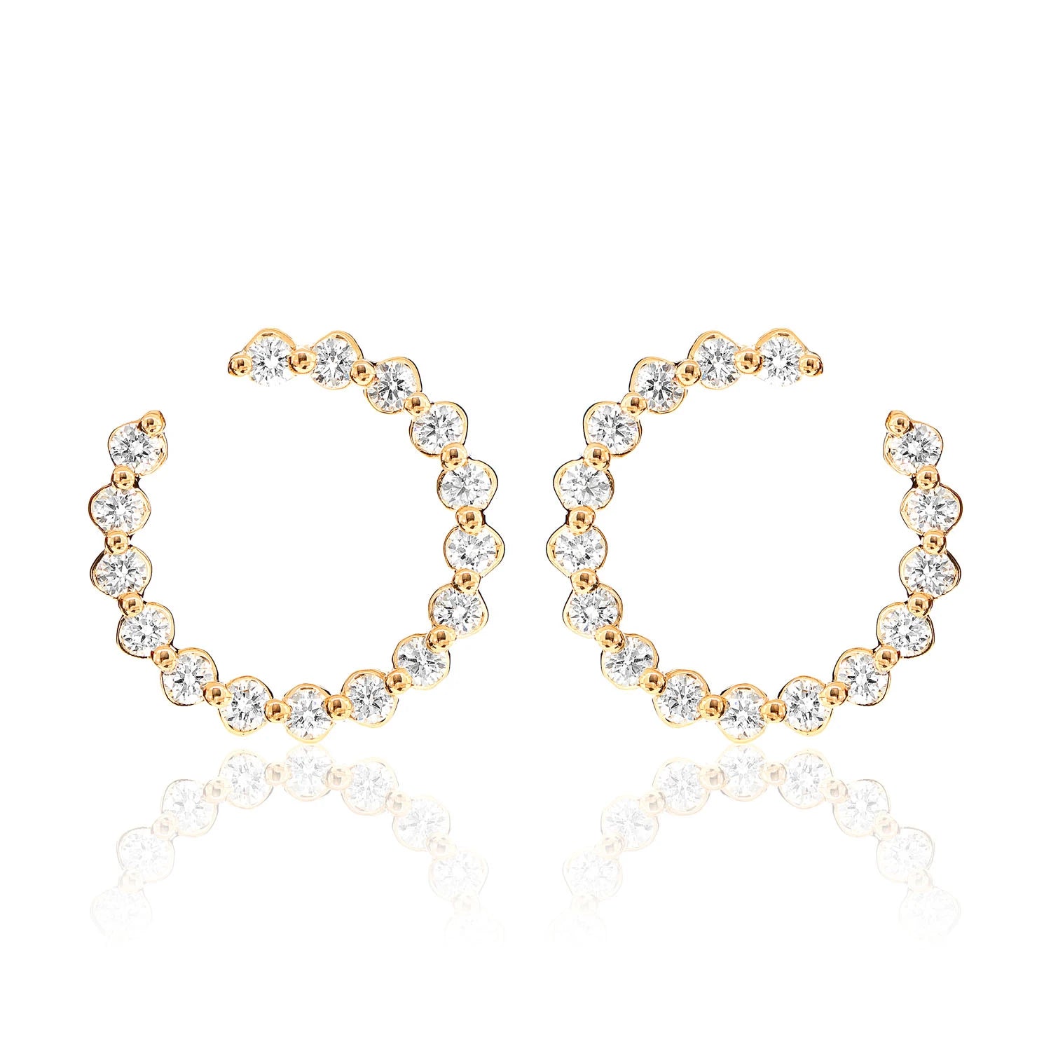 Single Prong Scallop Hoop Design Diamond Earrings - in yellow gold