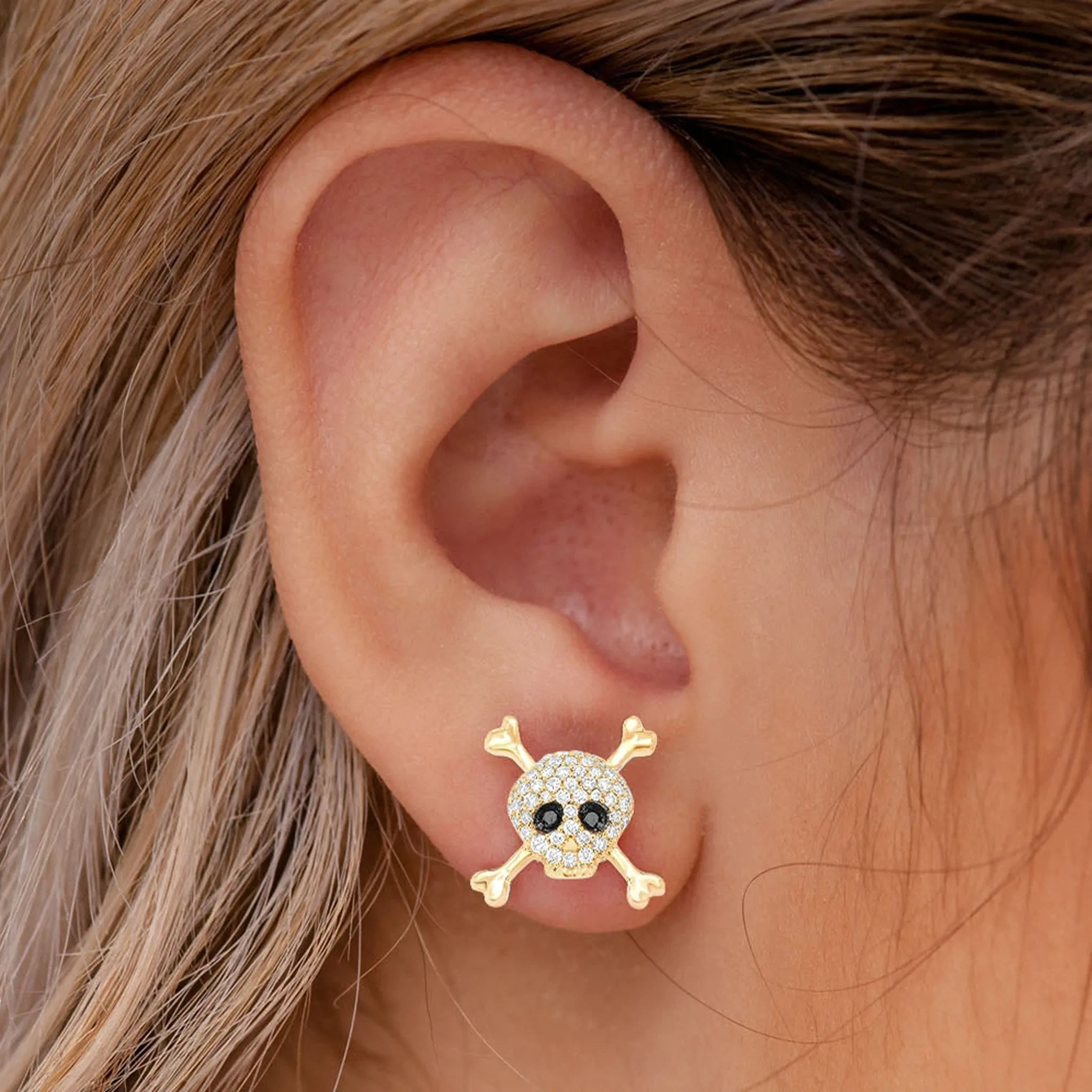 Skull & Crossbones Diamond Studs - earrings in yellow gold (view 2 of 6)