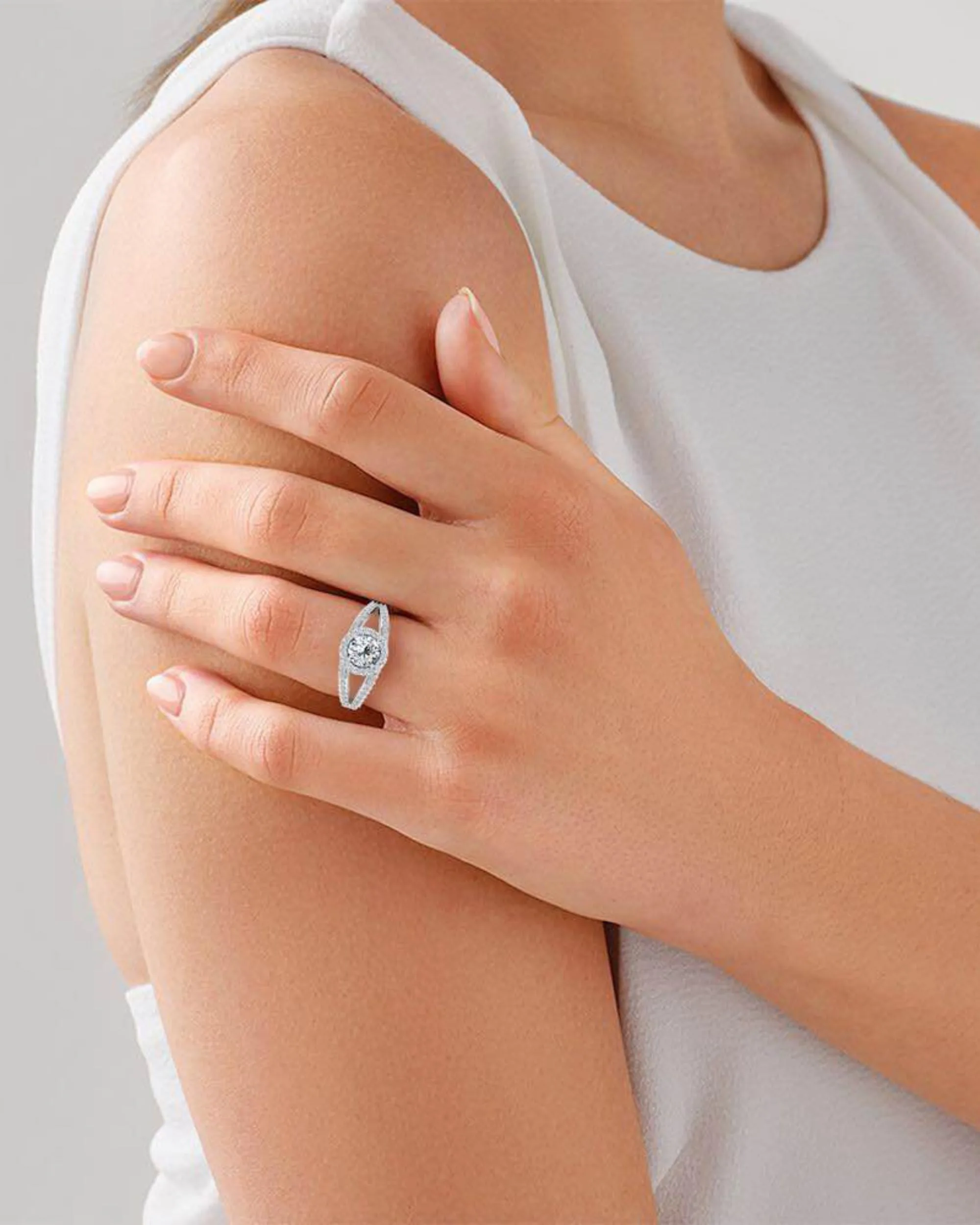 Split Shank Halo Moissanite Engagement Ring - in 14k gold (view 8 of 8)