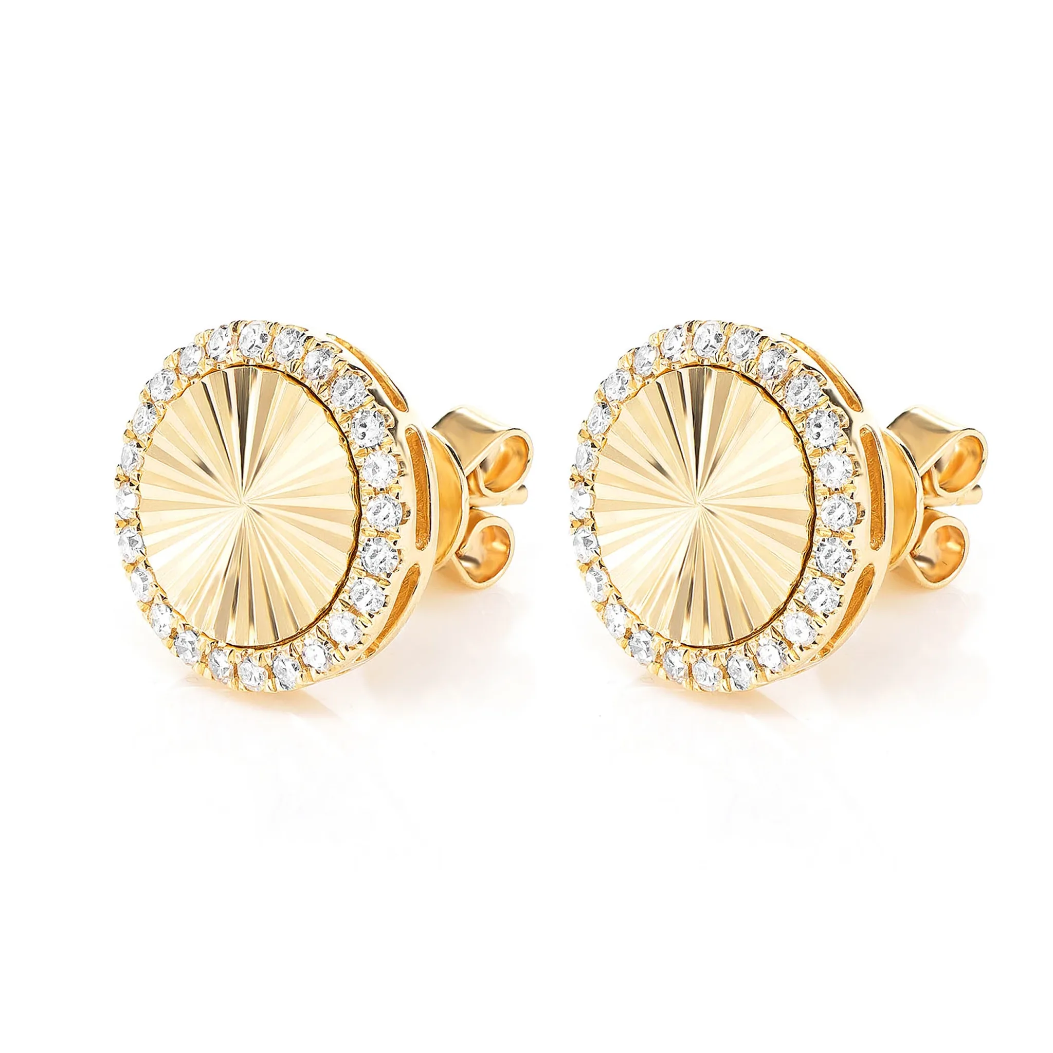 Starburst Disc Diamond Halo Stud Earrings - in yellow gold (view 2 of 9)