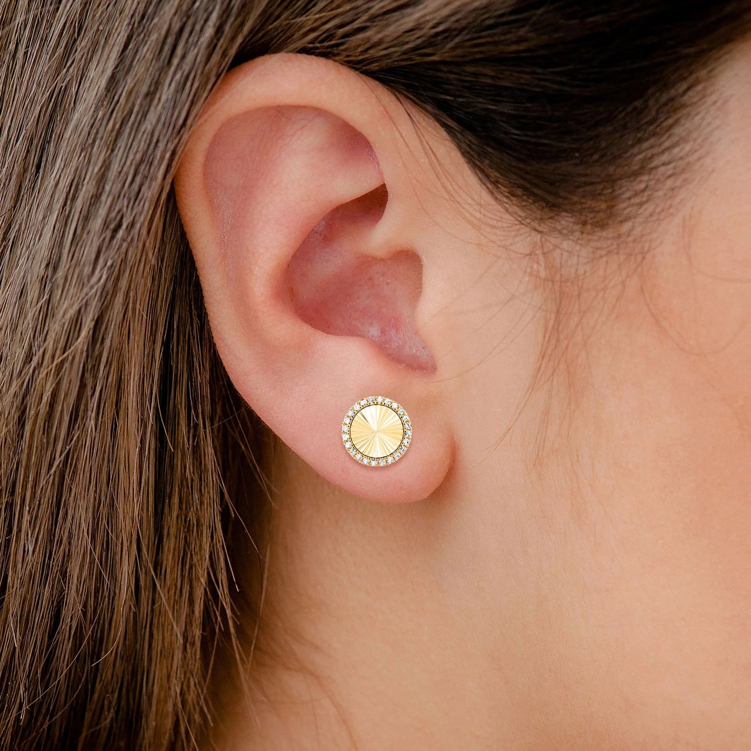 Starburst Disc Diamond Halo Stud Earrings - in yellow gold (view 3 of 9)