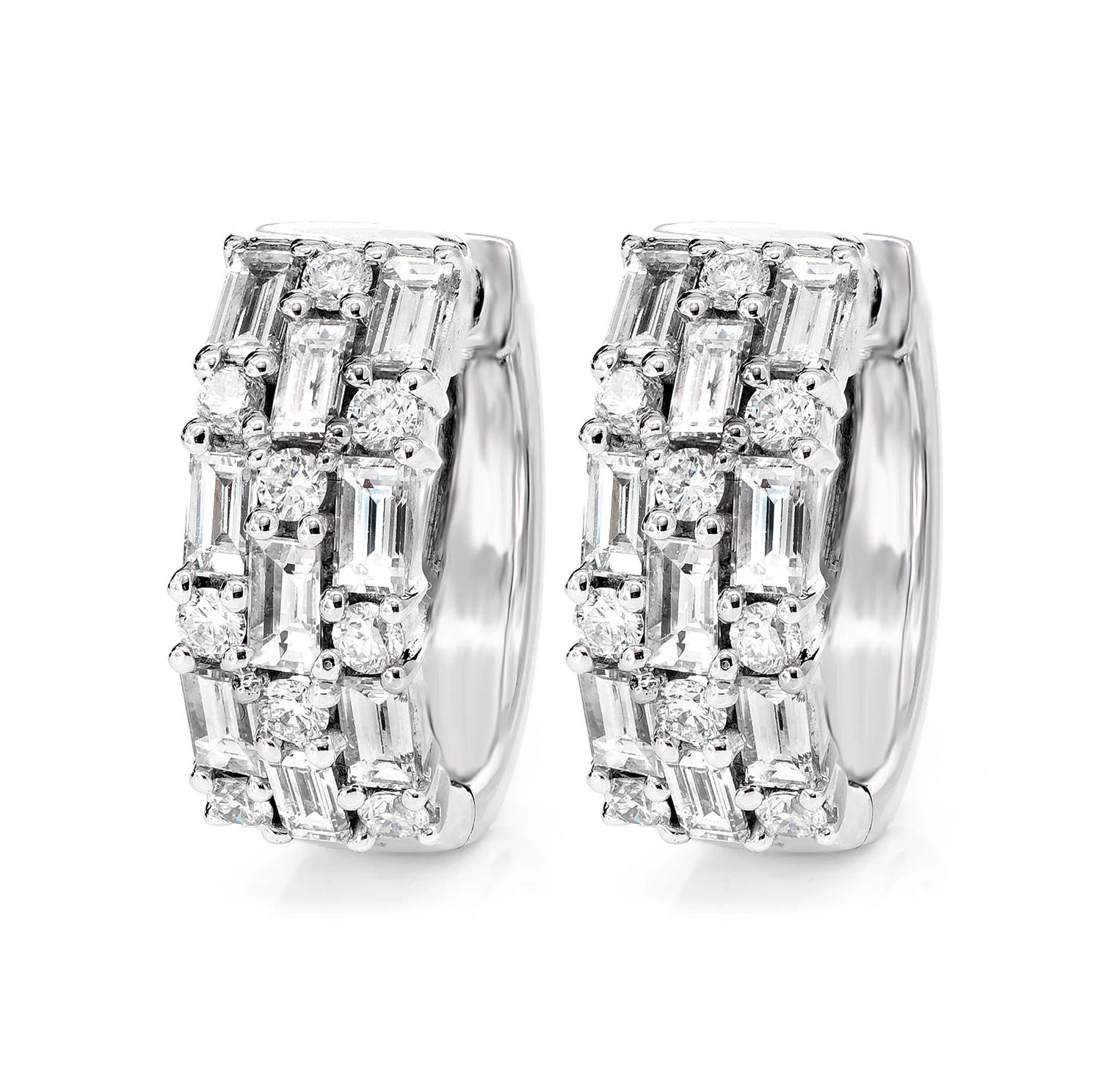 Three Row Baguette and Round Diamond Hoop Earrings - in white gold