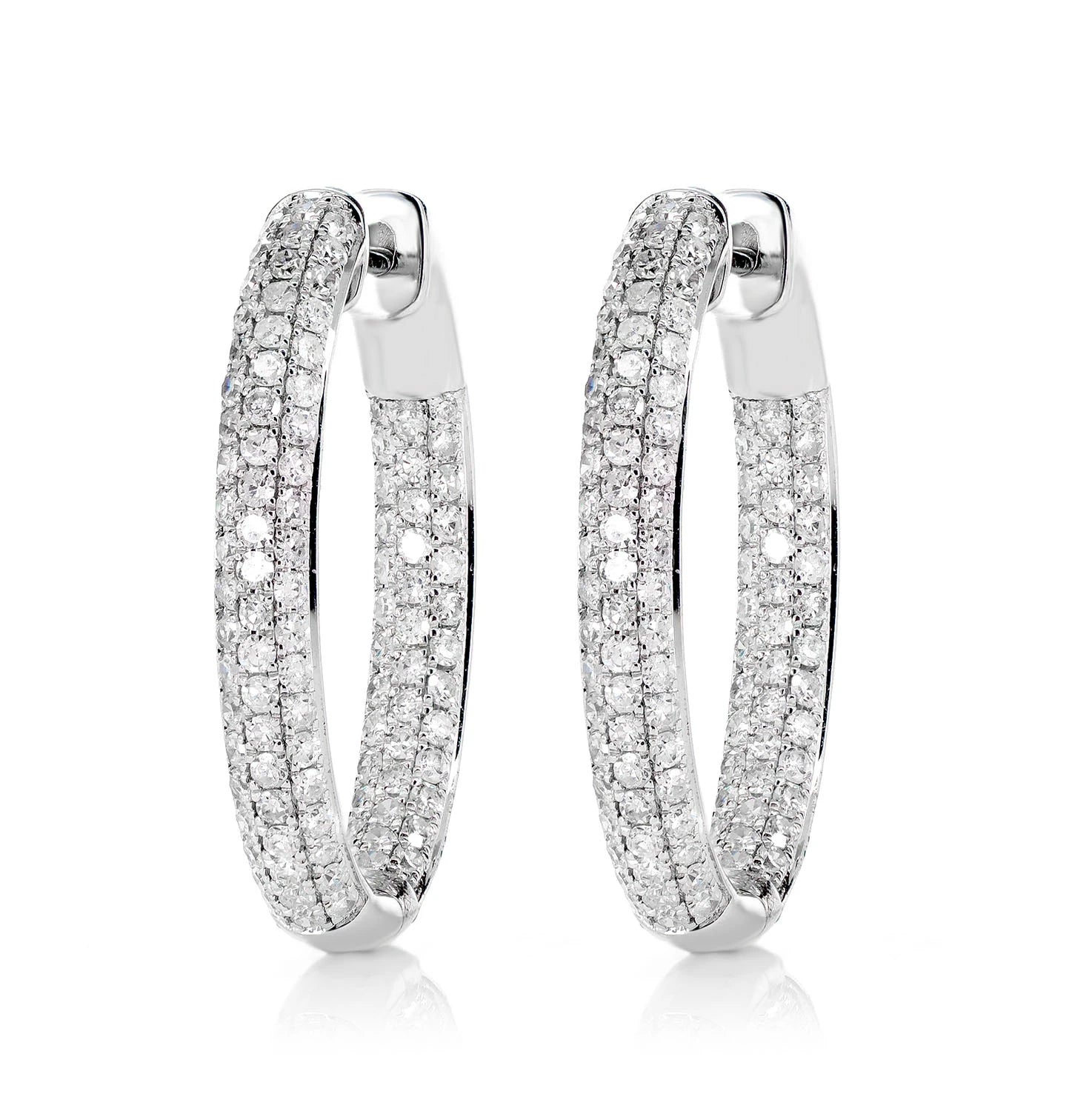 Three Row Inside Outside Diamond Hoop Earrings - in white gold
