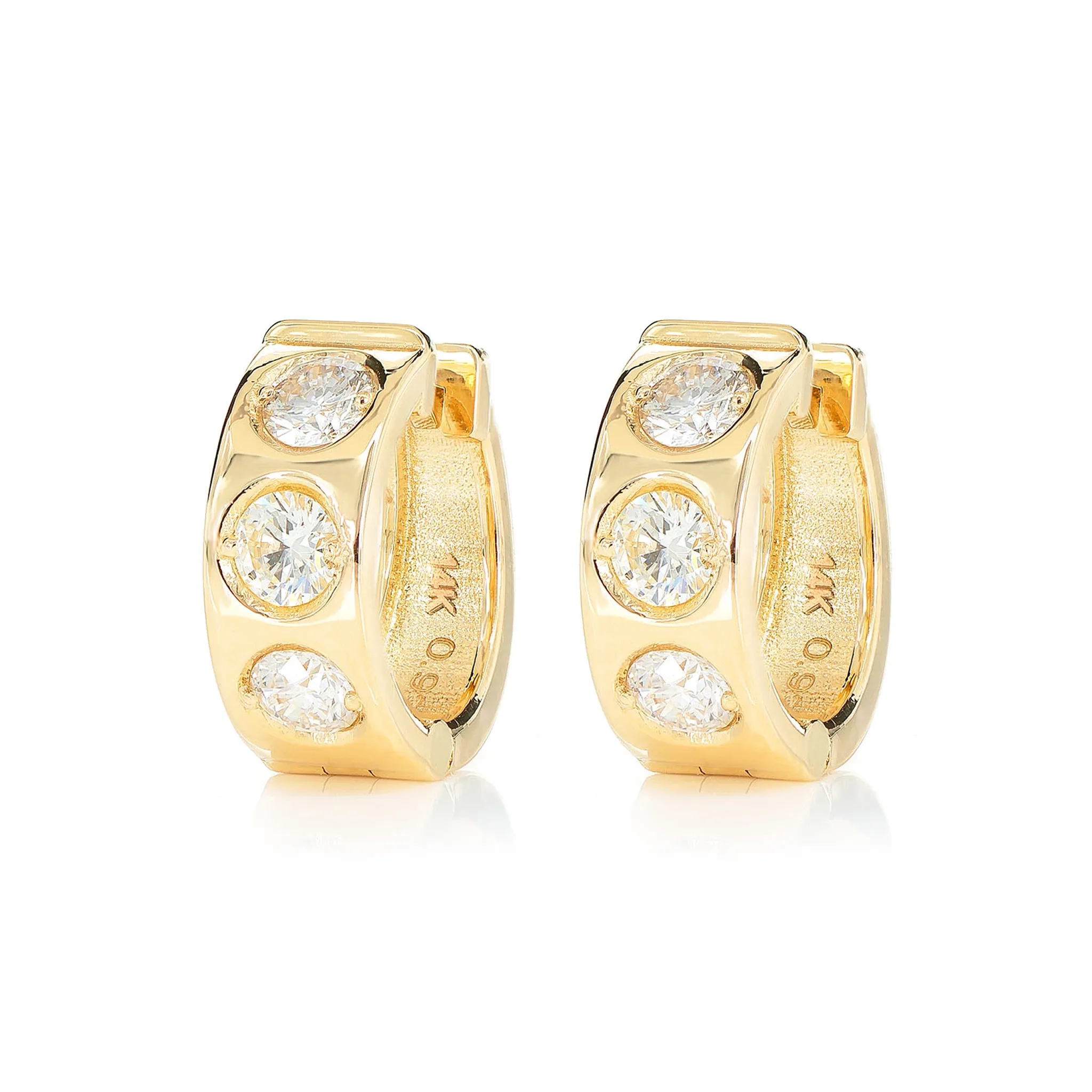 Three Stone Gypsy Set Diamond Huggie Hoop Earrings - in yellow gold
