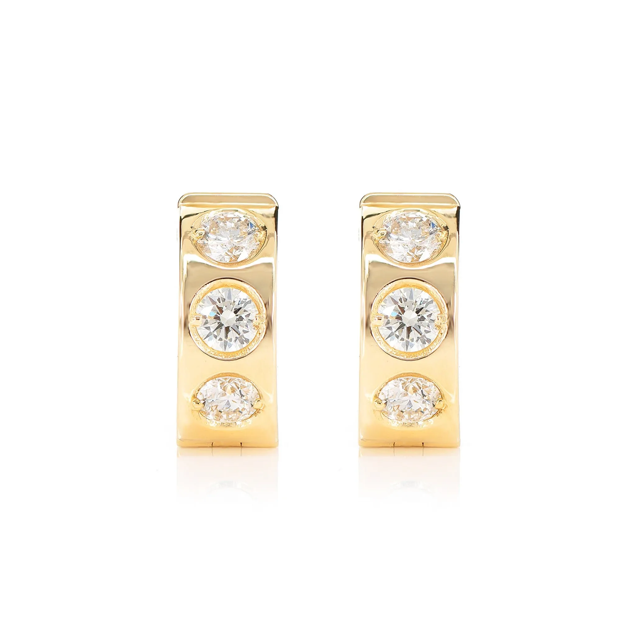 Three Stone Gypsy Set Diamond Huggie Hoop Earrings - in yellow gold (view 3 of 9)