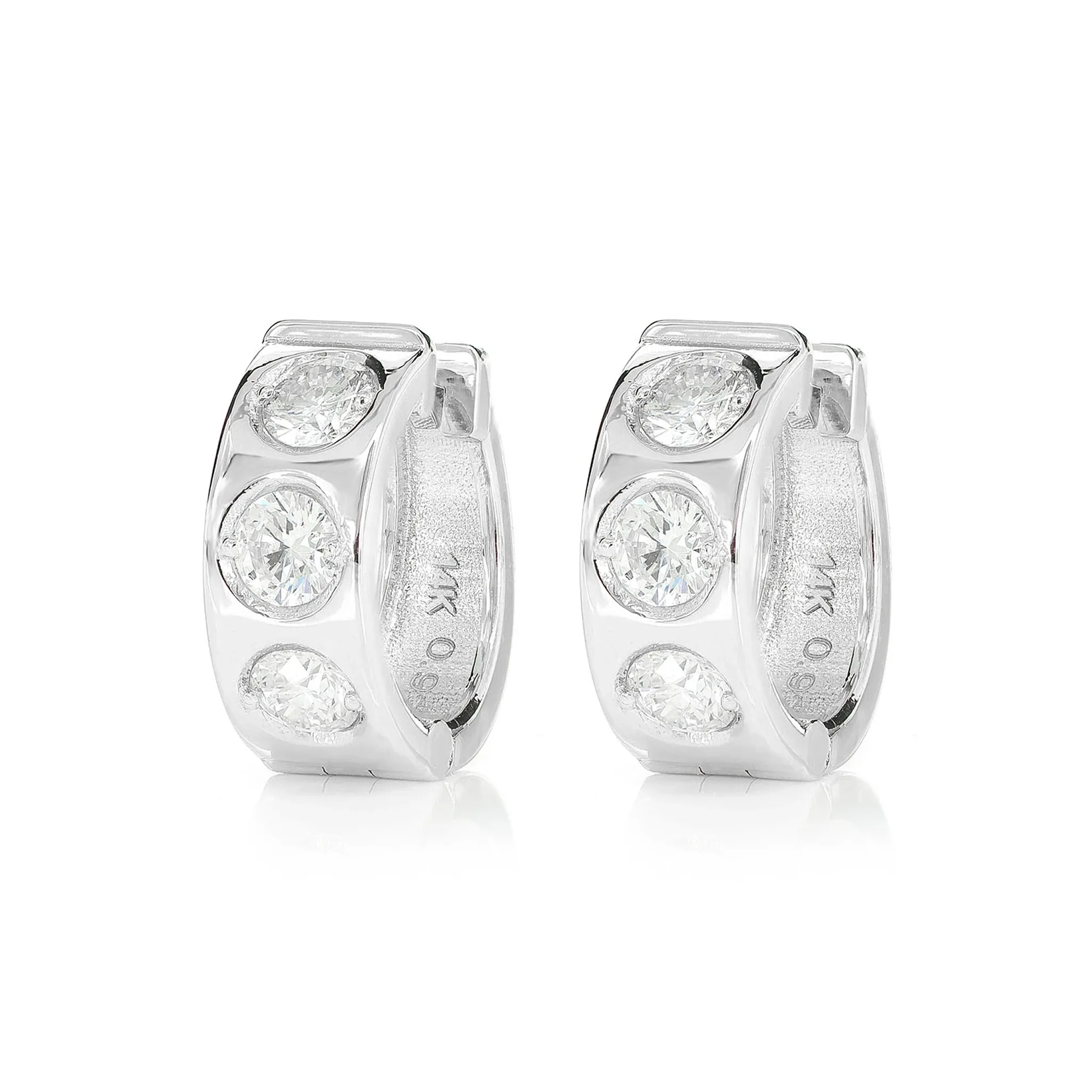 Three Stone Gypsy Set Diamond Huggie Hoop Earrings - in yellow gold (view 4 of 9)