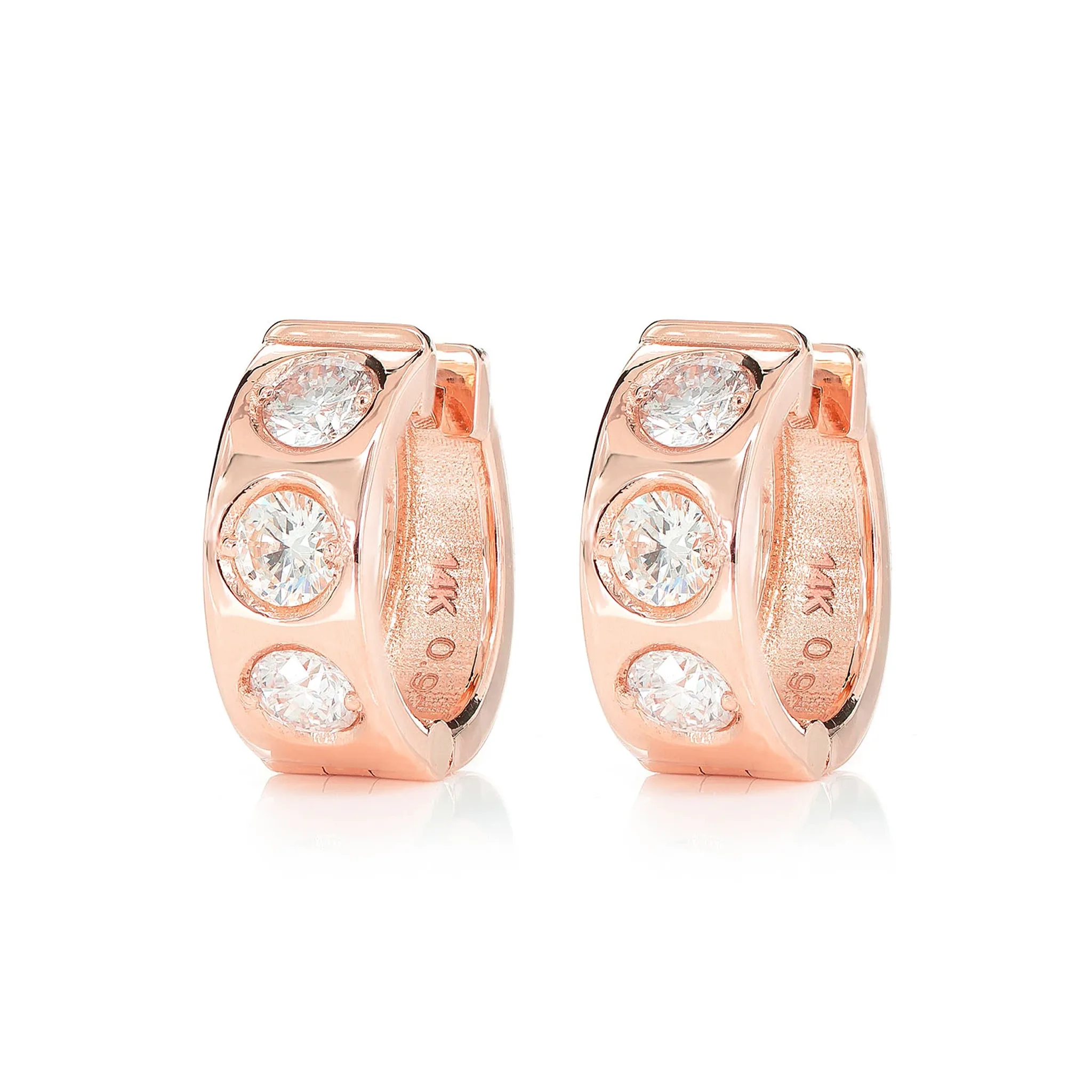 Three Stone Gypsy Set Diamond Huggie Hoop Earrings - in yellow gold (view 7 of 9)