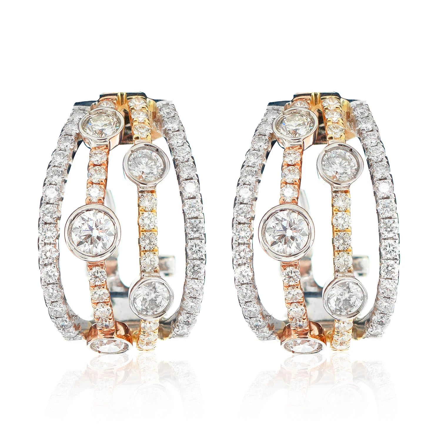 Tri Tone Four Row Scattered Bezel Diamond Hoop Earrings - in tri-tone gold