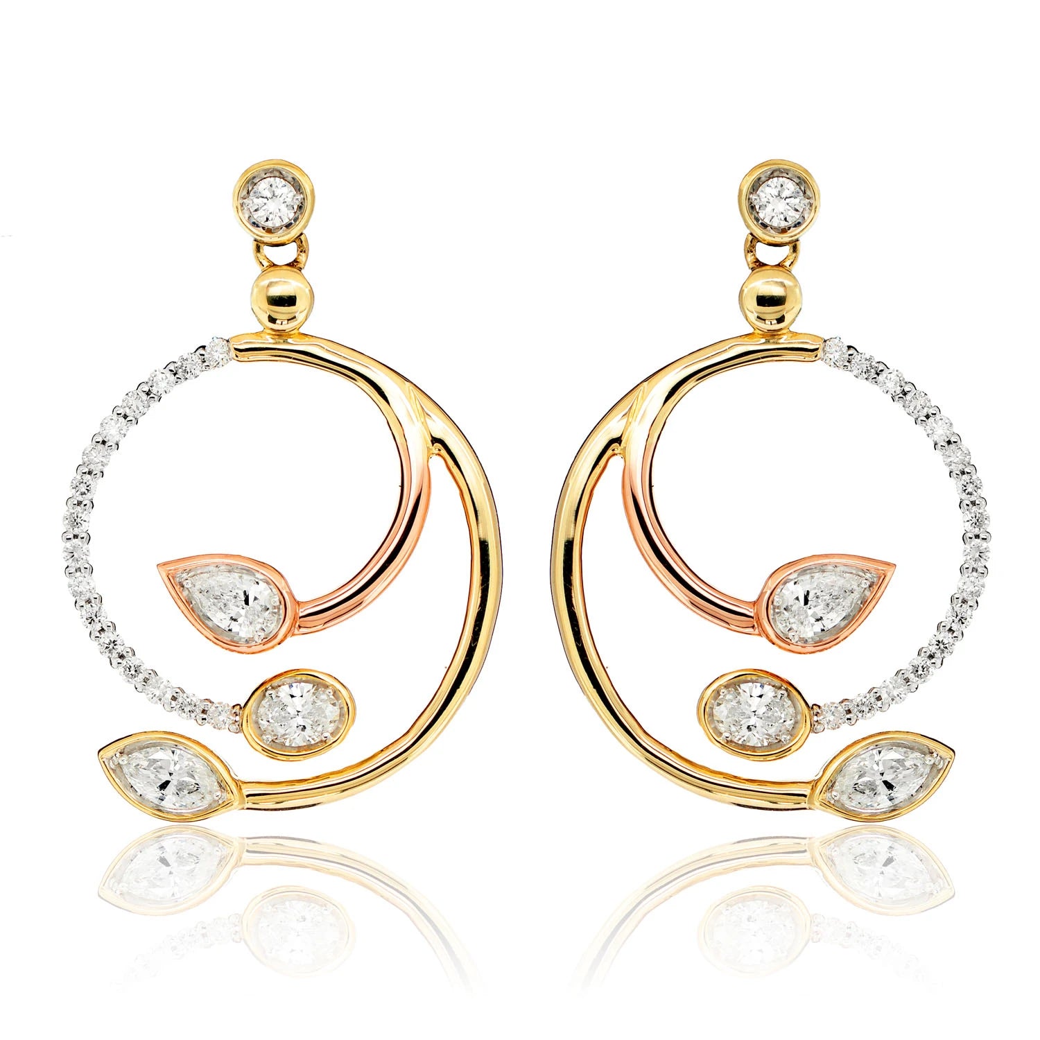 Tri Tone Mixed Shape Diamond Spiral Dangle Earrings - in tri-tone gold