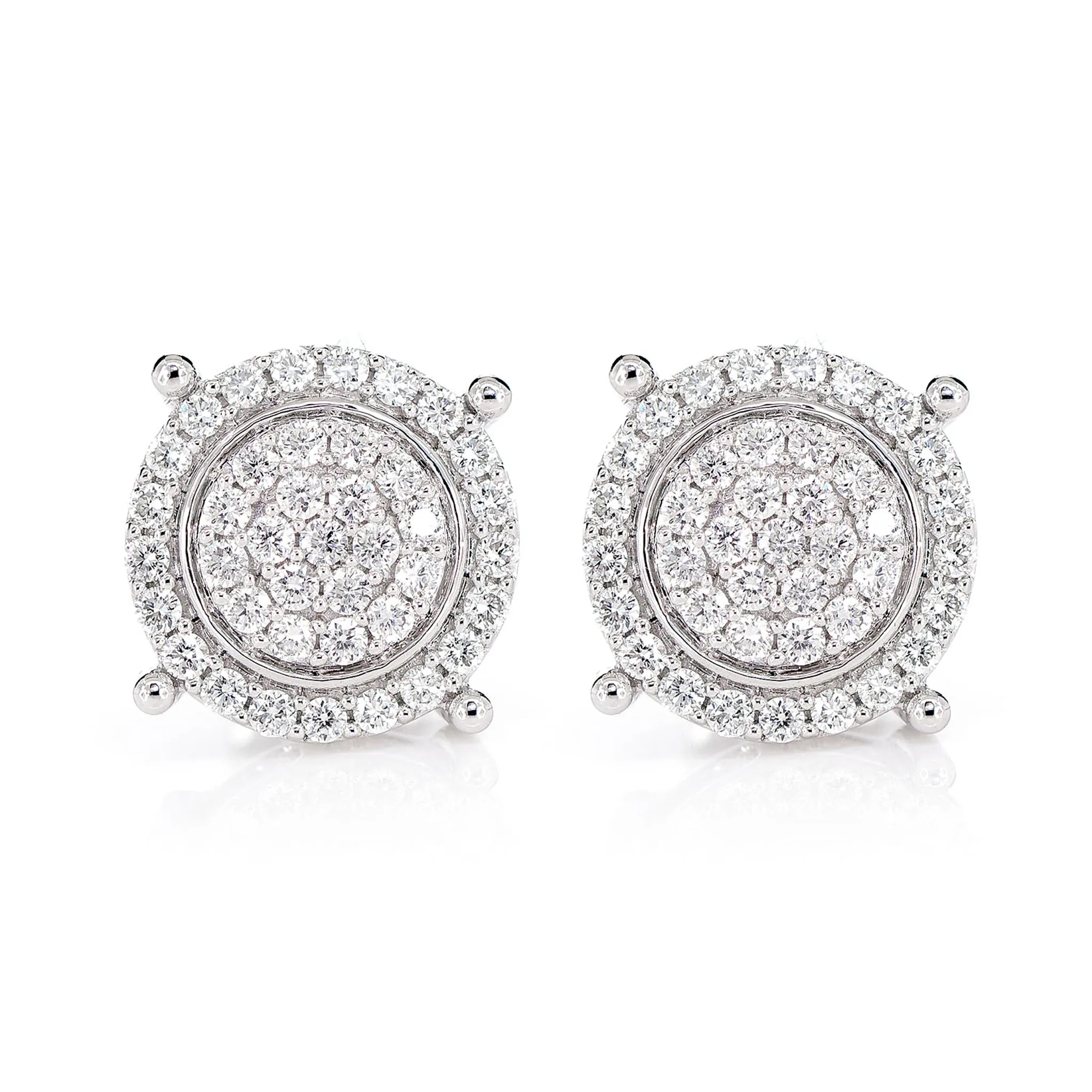 Two Layer Cluster Halo Diamond Stud Earrings - in white gold
