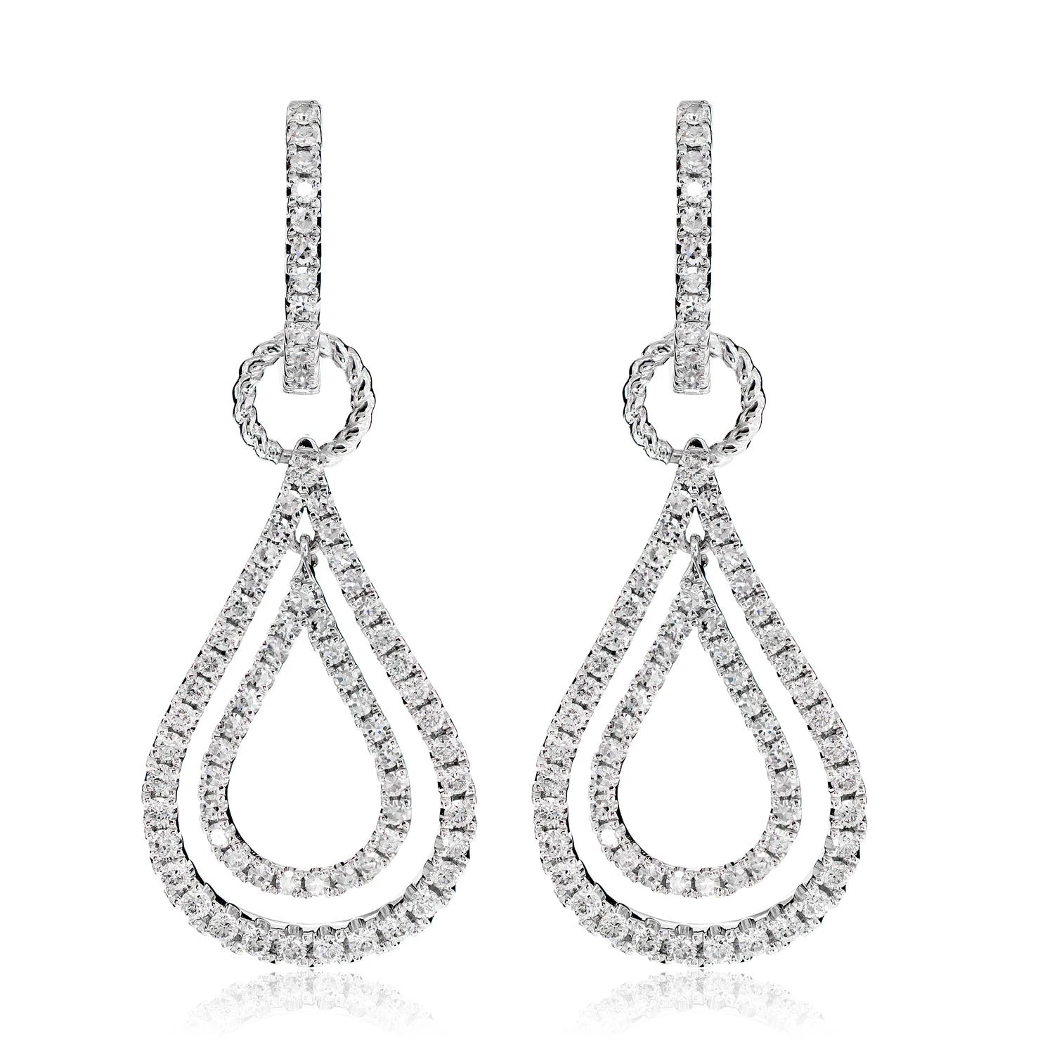 Two Layer Teardrop Diamond Hoop Earrings - in white gold