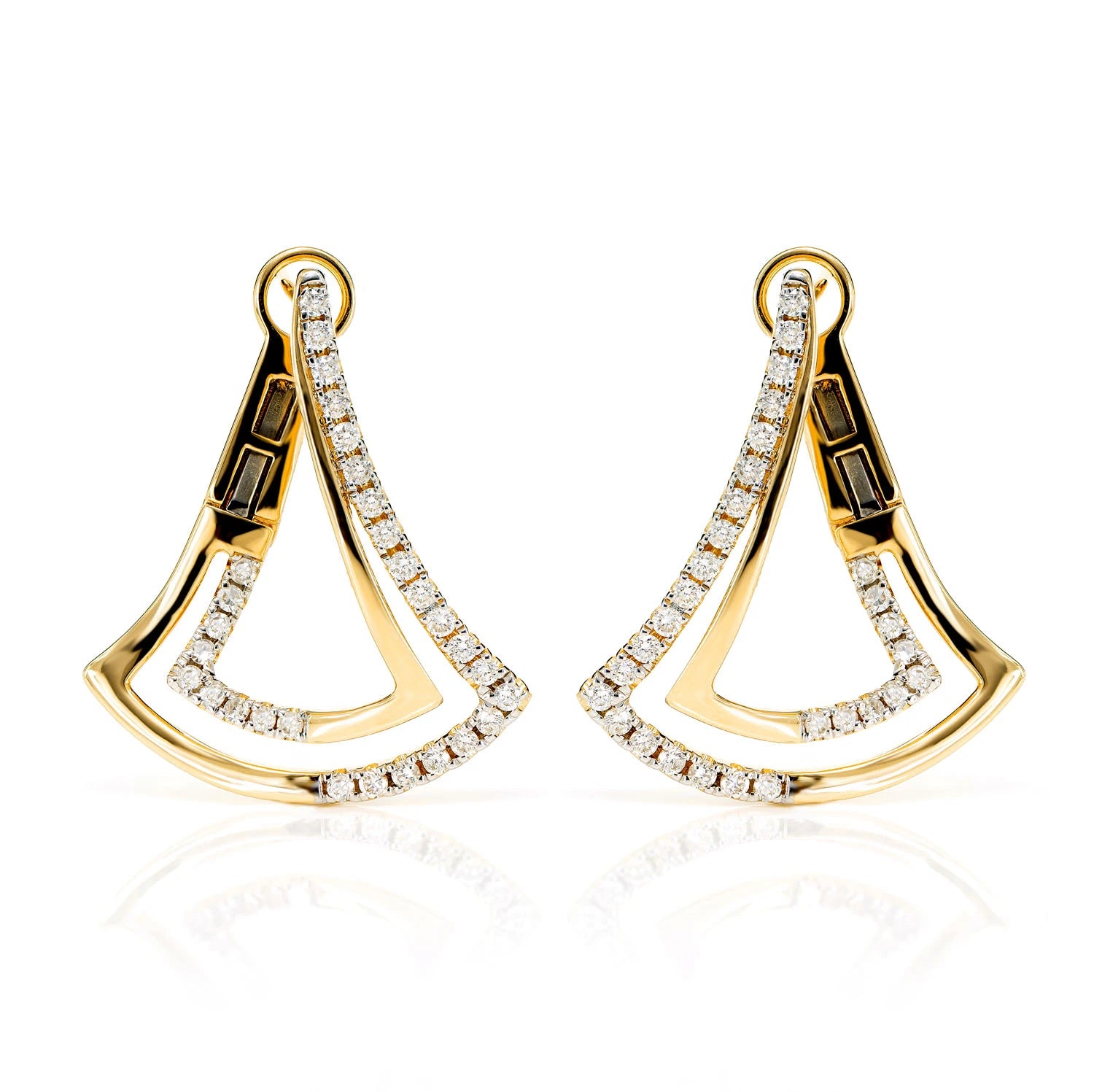 Two Row Chevron Diamond Half Hoop Earrings - in yellow gold