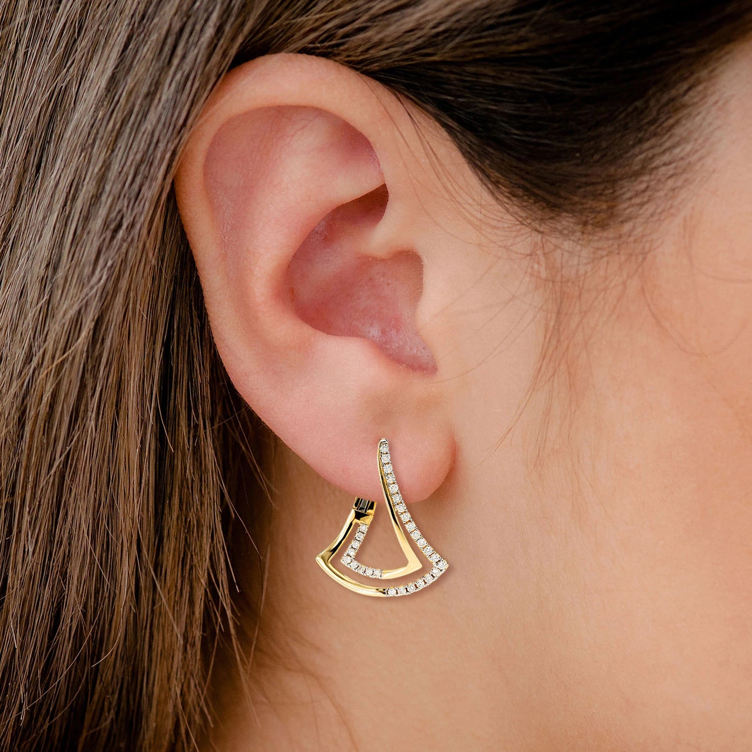 Two Row Chevron Diamond Half Hoop Earrings - in yellow gold (view 2 of 6)