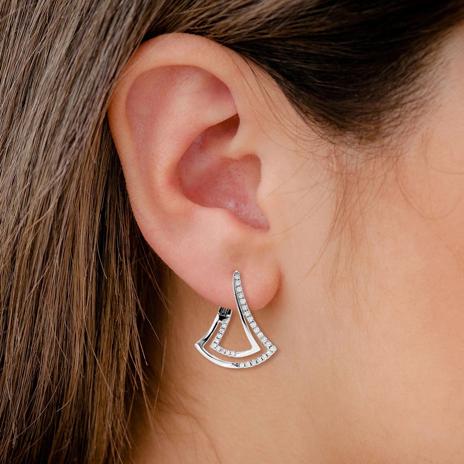 Two Row Chevron Diamond Half Hoop Earrings - in yellow gold (view 4 of 6)