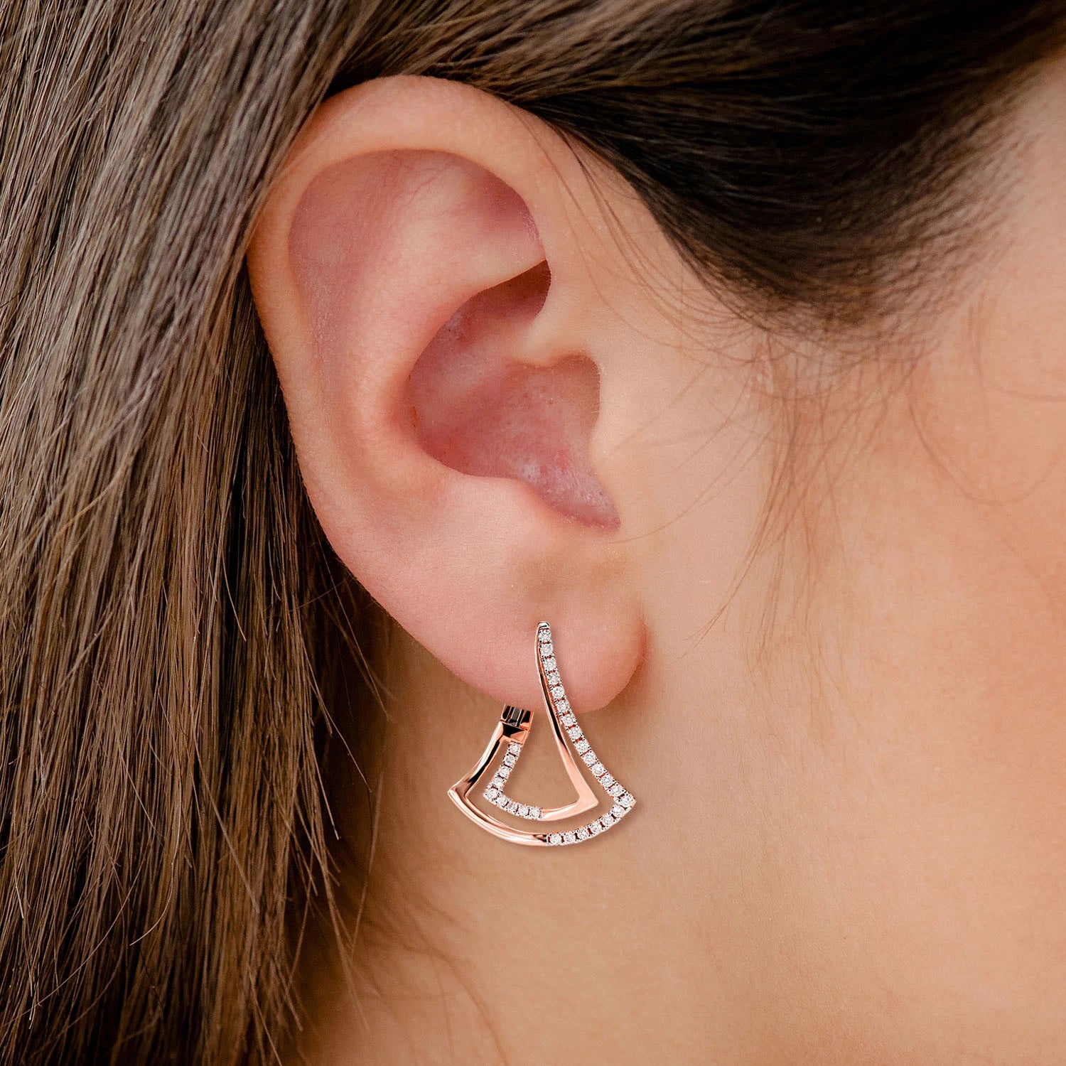Two Row Chevron Diamond Half Hoop Earrings - in yellow gold (view 6 of 6)