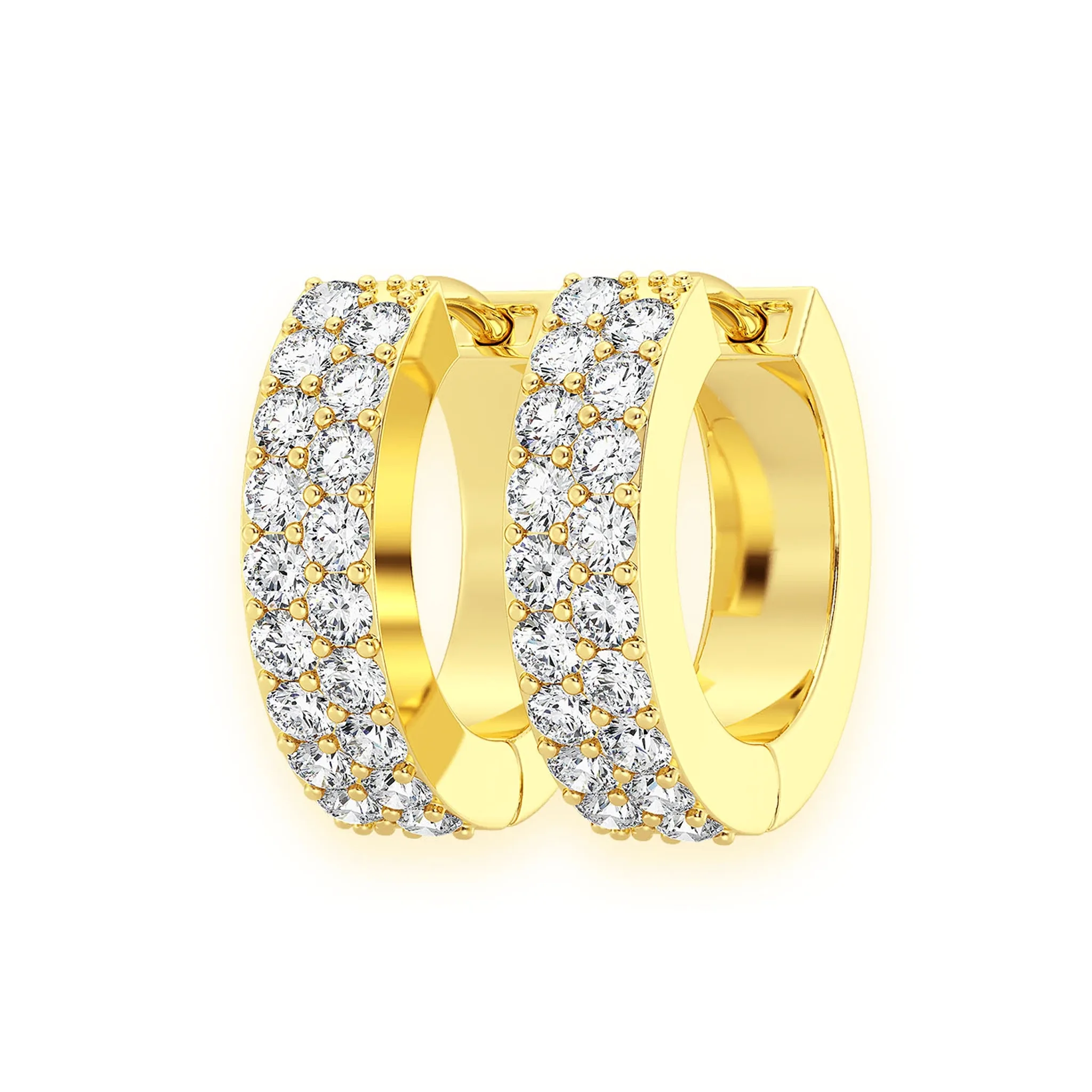 Two Row Pavé Diamond Huggie Hoop Earrings - in yellow gold
