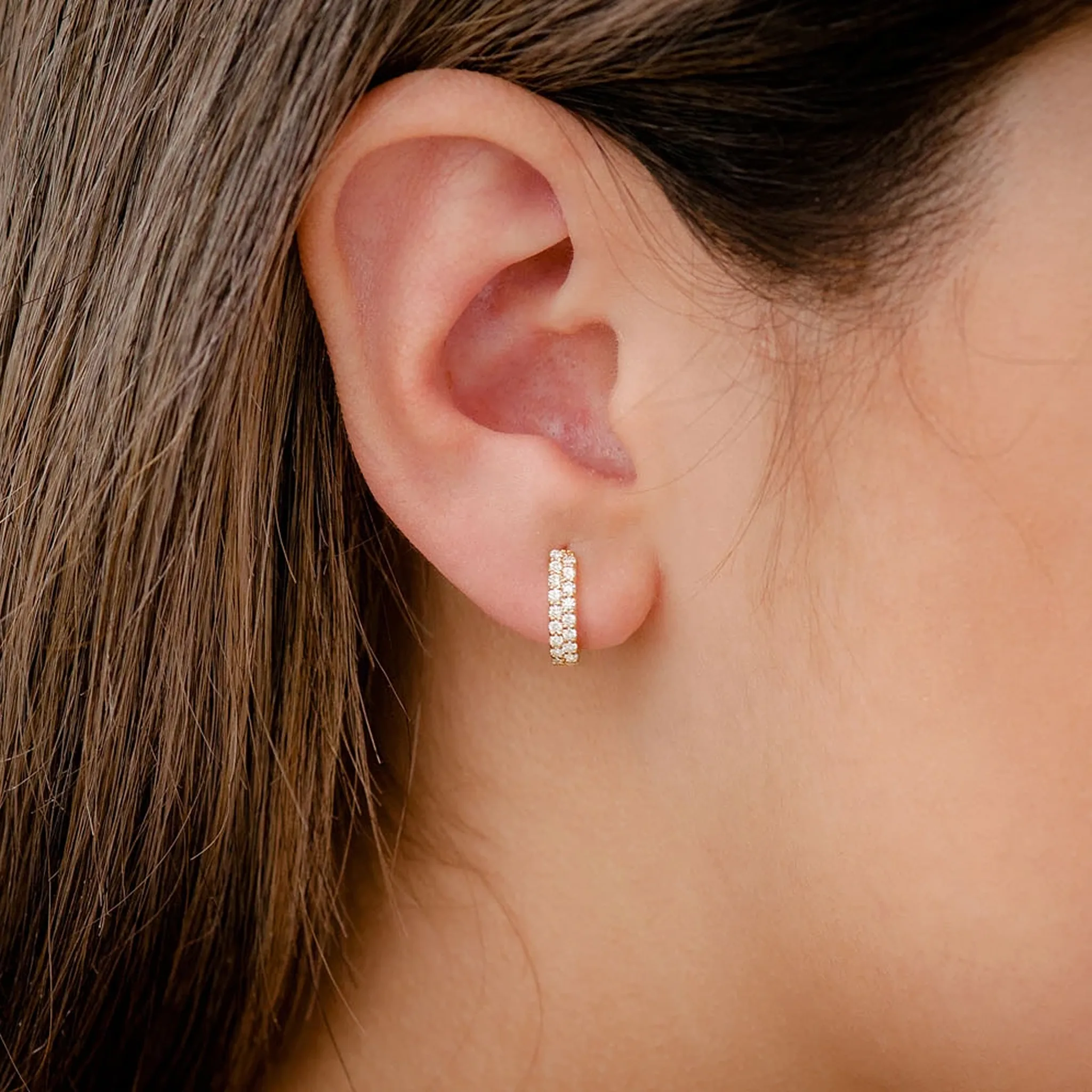 Two Row Pavé Diamond Huggie Hoop Earrings - in yellow gold (view 6 of 6)