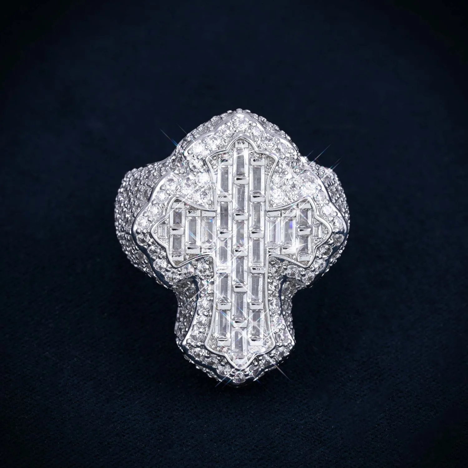 Iced Out VVS Fleur Cross Ring 14K Gold (view 8 of 8)