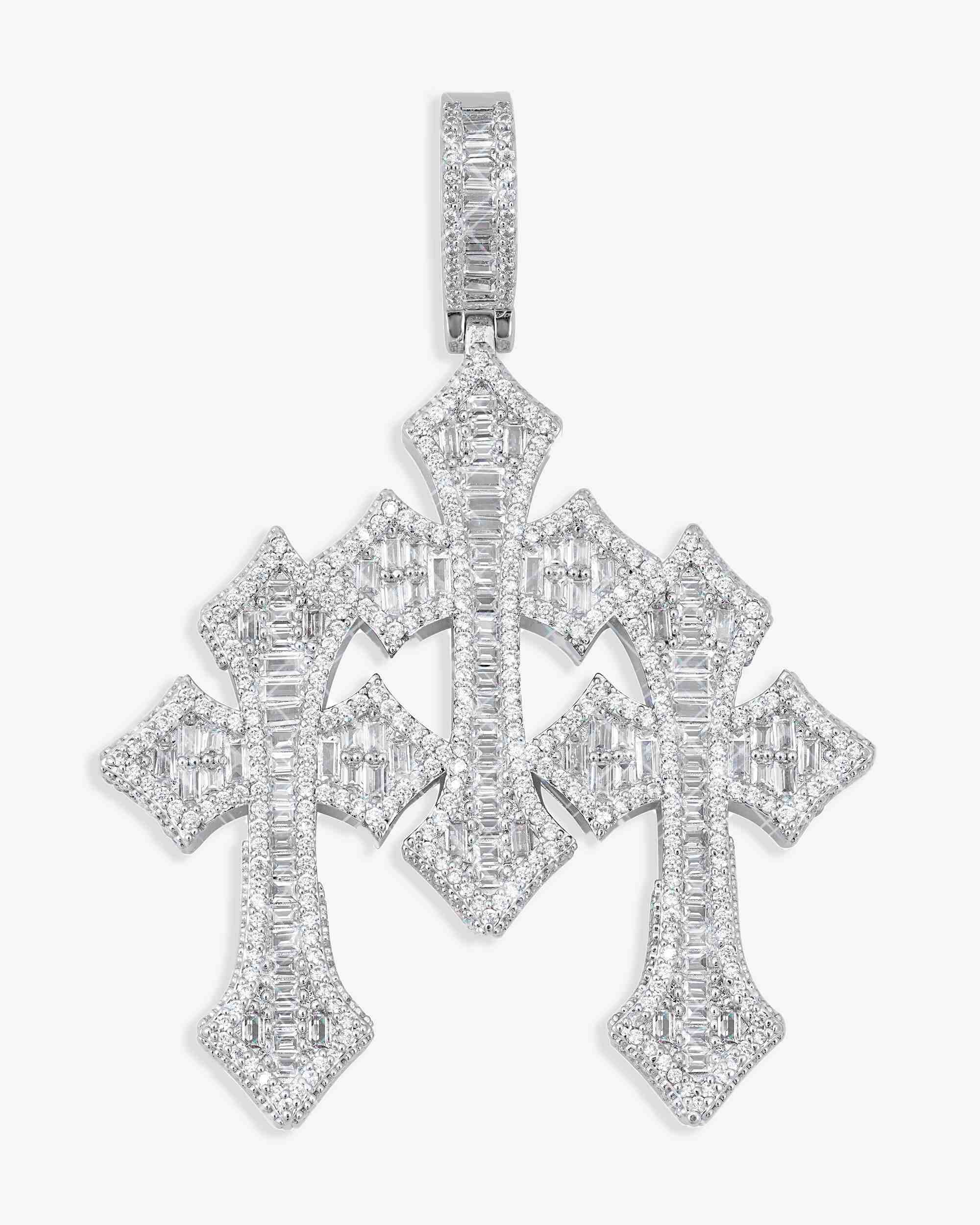 Iced Out VVS Triple Cross Pendant 14K Gold