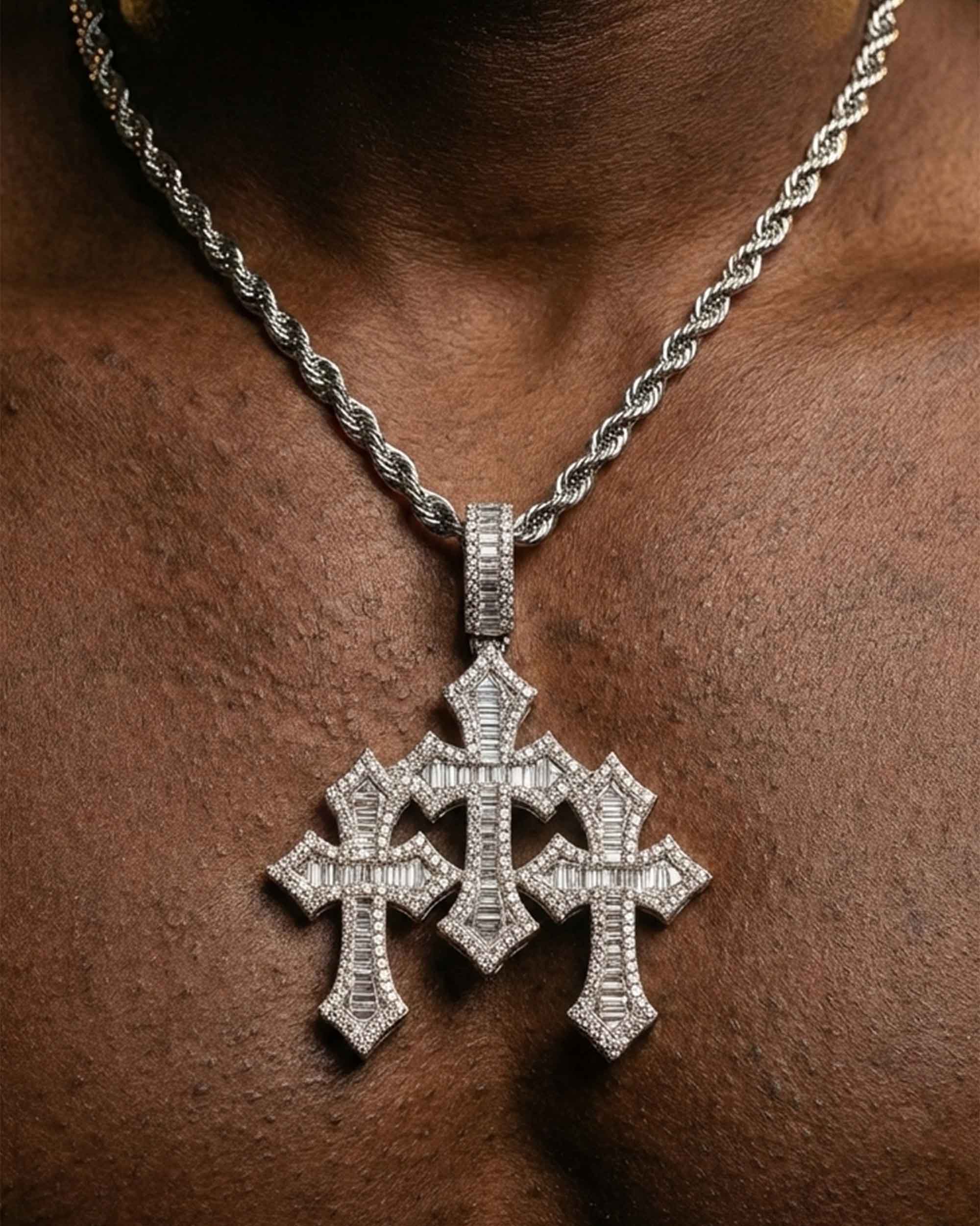 Iced Out VVS Triple Cross Pendant 14K Gold (view 3 of 7)